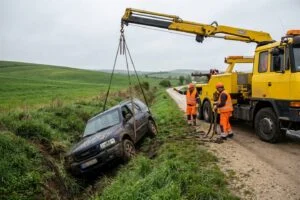 Árokba csúszott autó darus kiemelése