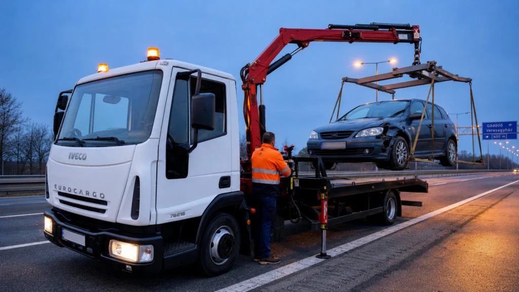 Iveco Eurocargo darus autómentő kiemel egy sérült személyautót az autóút mellett, Gödöllő–Veresegyház tábla előtt