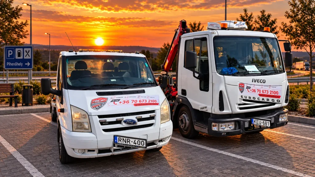 Darus autómentőnk (Iveco Eurocargo) és platós mentőautónk (Ford Transit) egy autópálya-pihenőhelyen